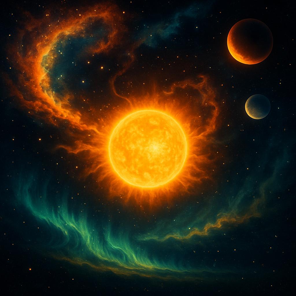 Kosmisches Wetter, dargestellt durch eine stilisierte Sonne und Polarlichter.