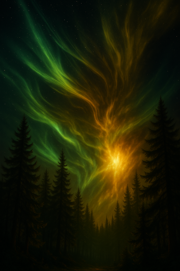 Eine künstlerische Darstellung des Kosmischen Wetters mit leuchtenden, farbenfrohen Lichtern am Himmel über einem dunklen Wald. Die Farben reichen von grün über orange bis gold, was das Gefühl von Stabilität und innerer Ruhe symbolisiert.