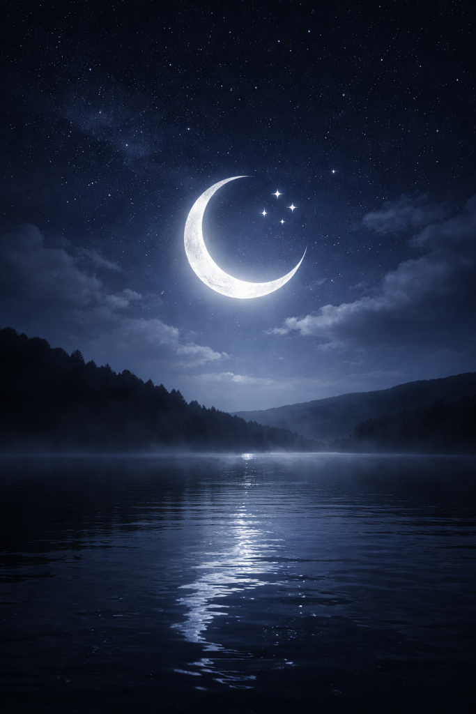 Kosmische News: Ruhige nächtliche Landschaft mit leuchtendem Mond über stillem Wasser als Symbol für innere Zeitqualität