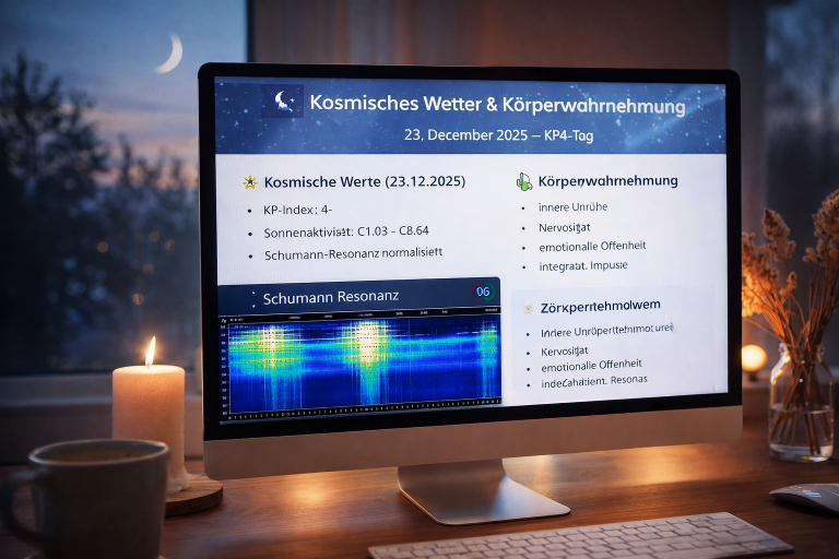 Eine gemütliche Abendstimmung: Vor einem Fenster auf dem Schreibtisch stehen Kerzen, daneben ein Monitor, auf dessen Bildschirm ein Mondkalender zu sehen ist.