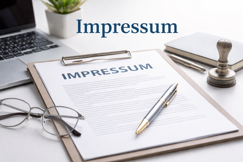 Ein Tisch mit einem Laptop, einer Brille, einem Clipboard mit dem Titel 'IMPRESSUM', einem Stift und einem Stempel.