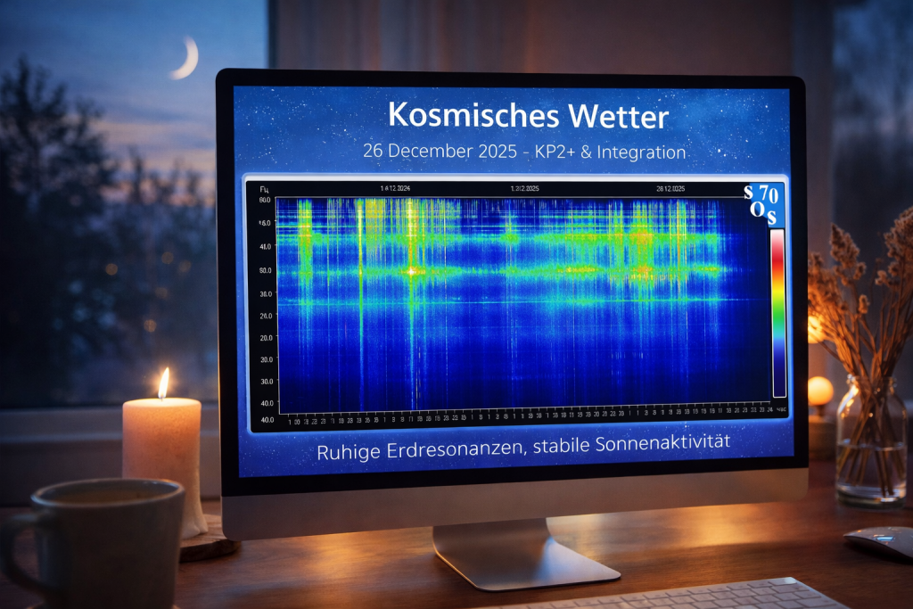 Kosmisches Wetter am 26. Dezember 2025 mit Schumann-Resonanz, KP2+ und Integration kosmischer Impulse – ruhige Erdresonanzen und stabile Sonnenaktivität.