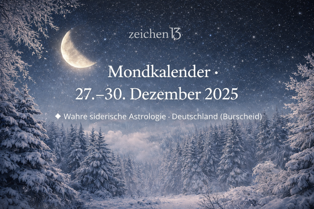 Winterlicher Wald bei Nacht mit verschneiten Tannen und zunehmendem Halbmond am Sternenhimmel. Die ruhige Szene symbolisiert den zunehmenden Mond vom 27. bis 30. Dezember 2025 und steht für innere Ausrichtung, sanftes Wachstum und Neubeginn nach wahrer siderischer Astrologie.