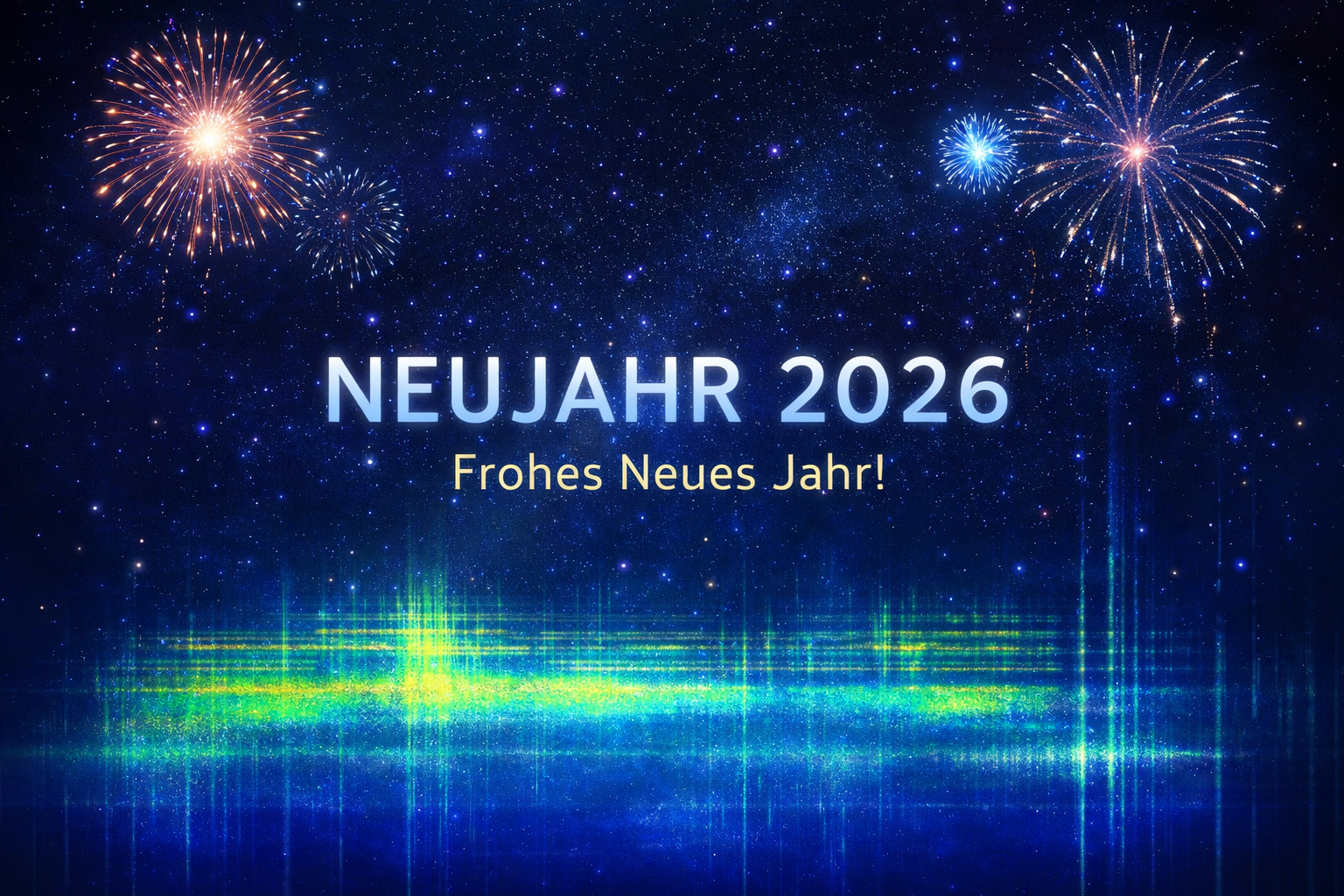Silvesterbild zum Jahreswechsel 2025/2026 mit Sternenhimmel, Feuerwerk und Schumann-Resonanz – kosmisches Wetter, Integration und ruhiger Übergang ins neue Jahr.