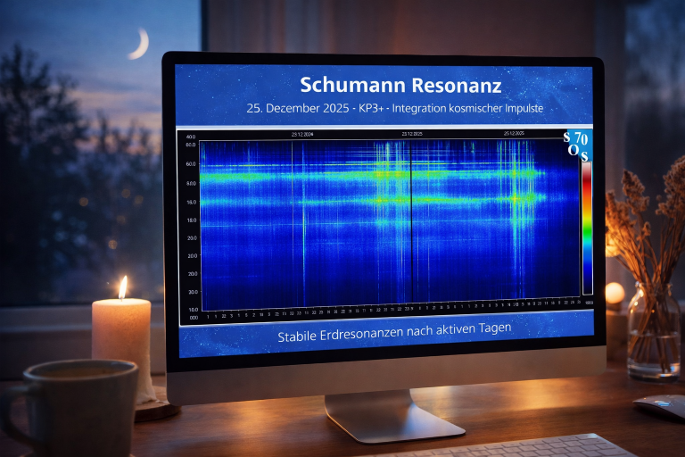 Schumann-Resonanz am 25. Dezember 2025 mit ruhigem Frequenzbild, KP3+-Tag und Integration kosmischer Impulse – stabile Erdresonanzen nach aktiven Tagen.
