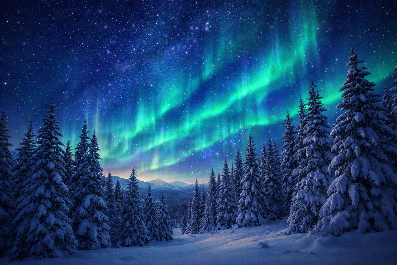 Kosmisches Wetter - Winterlicher Tannenwald bei Nacht mit leuchtenden Polarlichtern am Himmel – kosmisches Wetter, aktive Erdresonanzen und ruhige Integration Anfang Januar 2026.