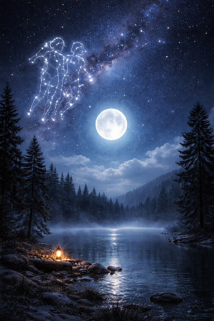 Mondkalender Bild. Winterliche Nachtlandschaft mit hellem Wolfmond über einem ruhigen See, am Himmel die leuchtende Sternbildfigur der Zwillinge aus Sternen geformt. Die Szene symbolisiert den Wolfmond im Zeichen Zwillinge, mentale Klarheit, innere Erkenntnis und stille Integration zur Vollmondzeit Anfang Januar 2026.