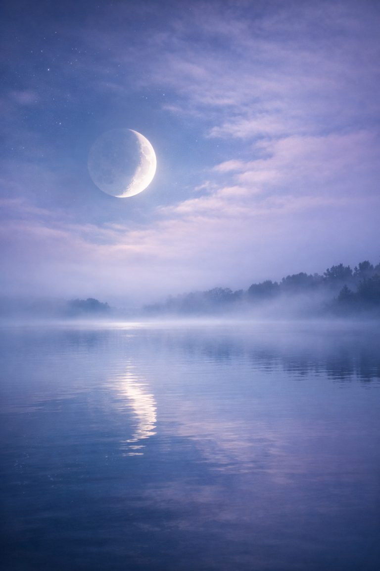 Zunehmender Mond im Januar 2026 über ruhigem Wasser in nebliger Nachtstimmung – Symbol für den Mond in den Fischen in der wahren siderischen Astrologie.