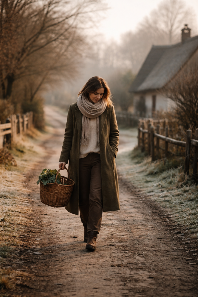 Mondkalender Januar 2026: ruhige Alltagsszene mit einer erwachsenen Frau auf einem winterlichen Dorfweg in erdigen Stier-Farben wie Ocker, Braun und Moosgrün – Symbol für Stabilisierung, Erdung und bewusste Umsetzung.