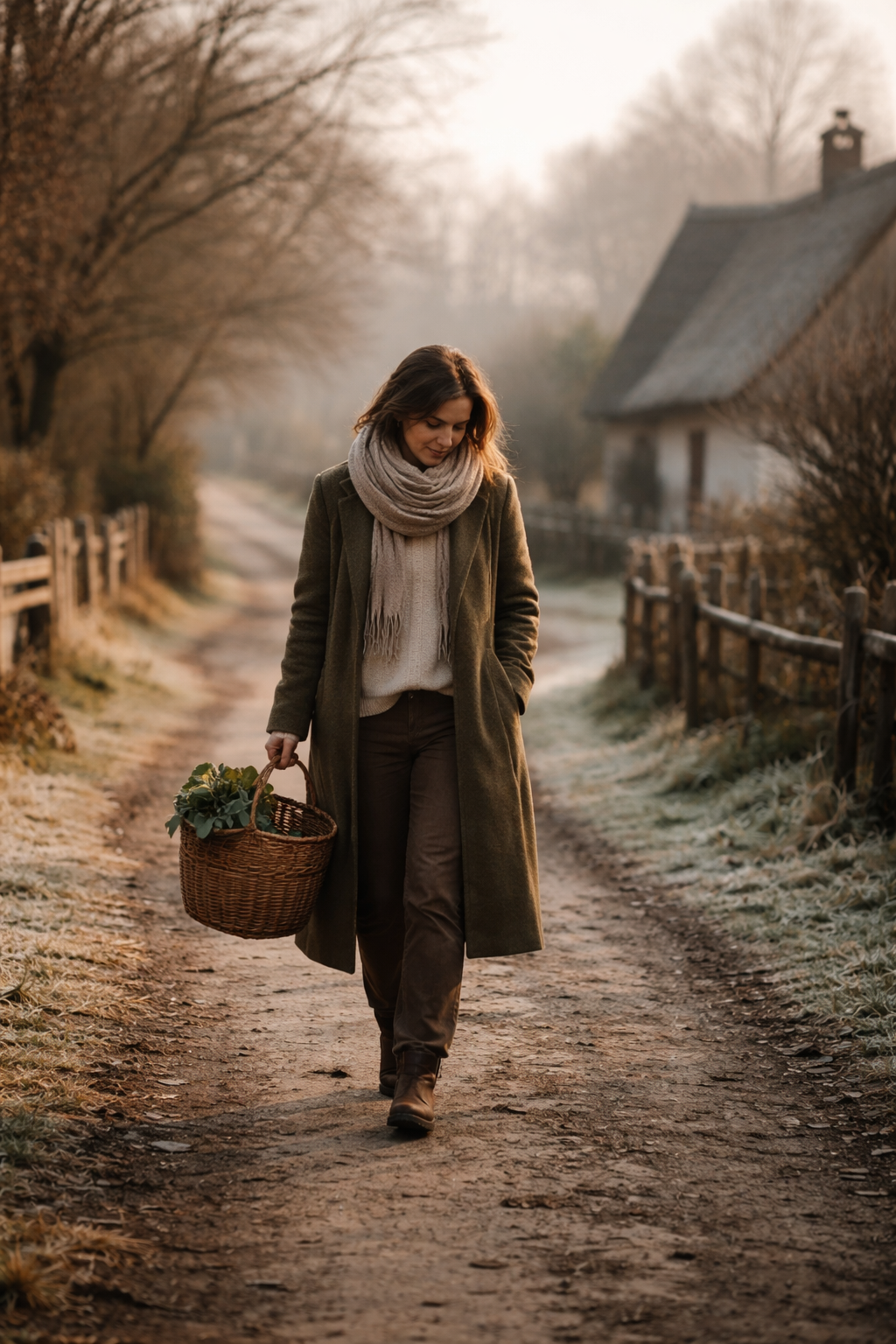 Mondkalender Januar 2026: ruhige Alltagsszene mit einer erwachsenen Frau auf einem winterlichen Dorfweg in erdigen Stier-Farben wie Ocker, Braun und Moosgrün – Symbol für Stabilisierung, Erdung und bewusste Umsetzung.