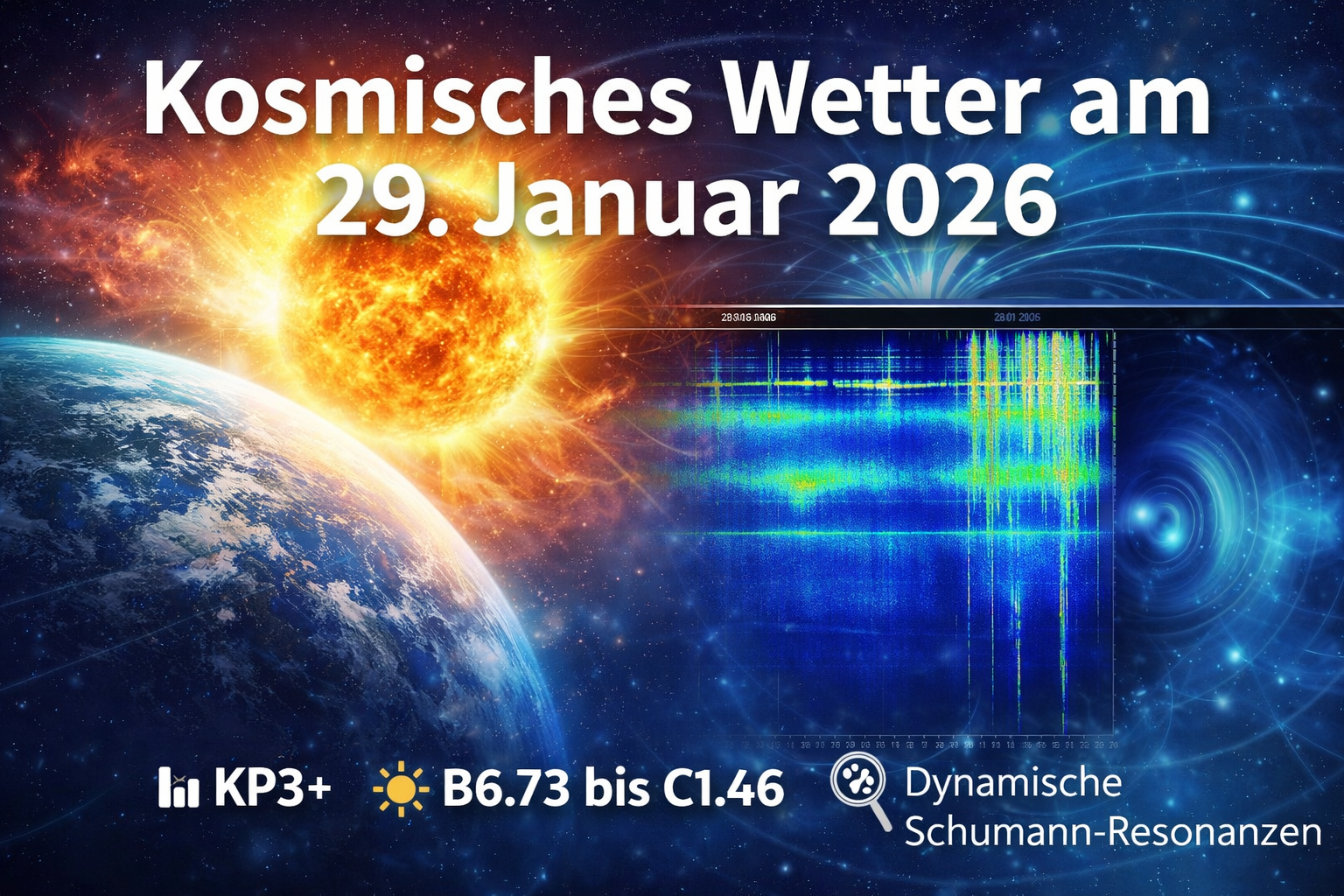 Visualisierung des kosmischen Wetters am 29. Januar 2026 mit Sonne, Erde und Schumann-Resonanz-Spektrogramm. KP3+, solare B-Aktivität und dynamische Erd-Ionosphären-Kopplung.