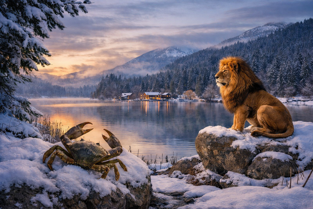 Mondkalender Februar 2026: winterliche Landschaft mit einem Krebs und einem Löwen am ruhigen Seeufer – Sinnbild für den Schneemond im Krebs, emotionale Tiefe und den Übergang zu innerer Stärke und Selbstwert.