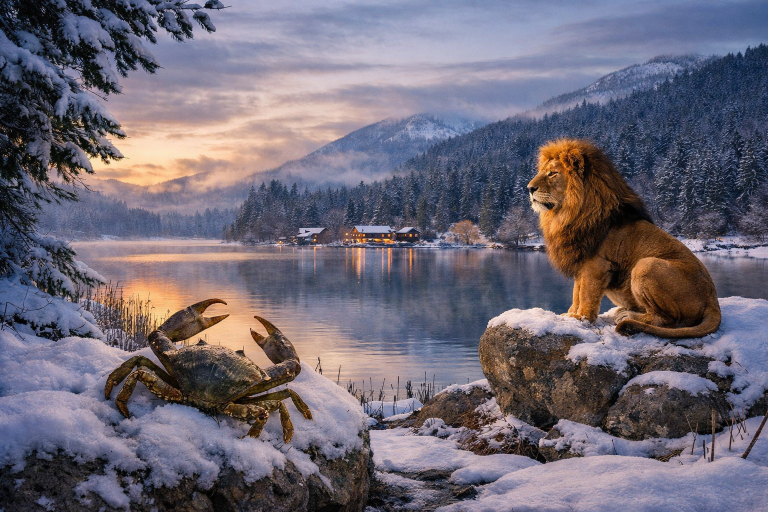 Mondkalender Februar 2026: winterliche Landschaft mit einem Krebs und einem Löwen am ruhigen Seeufer – Sinnbild für den Schneemond im Krebs, emotionale Tiefe und den Übergang zu innerer Stärke und Selbstwert.