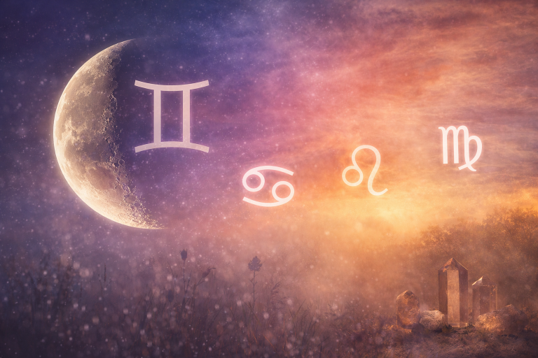 Symbolisches Mondkalender-Bild für den Zeitraum 5.–8. Januar 2026 nach wahrer siderischer Astrologie: Der abnehmende Mond nach dem Wolfmond in den Zwillingen mit energetischem Übergang durch Krebs, Löwe und Jungfrau.