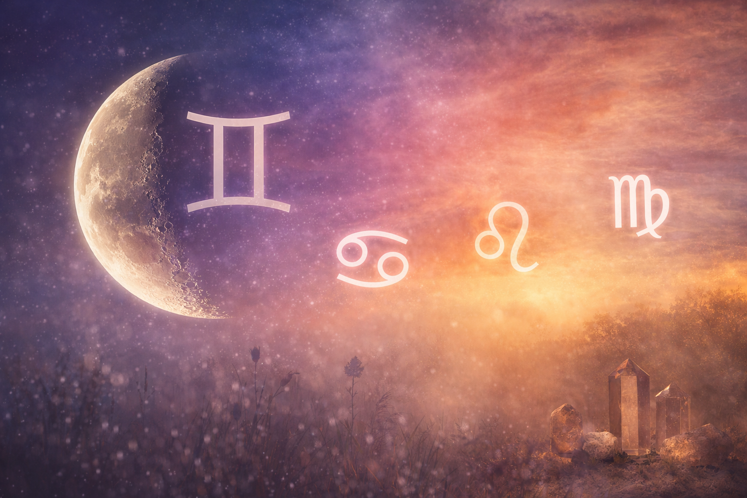 Symbolisches Mondkalender-Bild für den Zeitraum 5.–8. Januar 2026 nach wahrer siderischer Astrologie: Der abnehmende Mond nach dem Wolfmond in den Zwillingen mit energetischem Übergang durch Krebs, Löwe und Jungfrau.