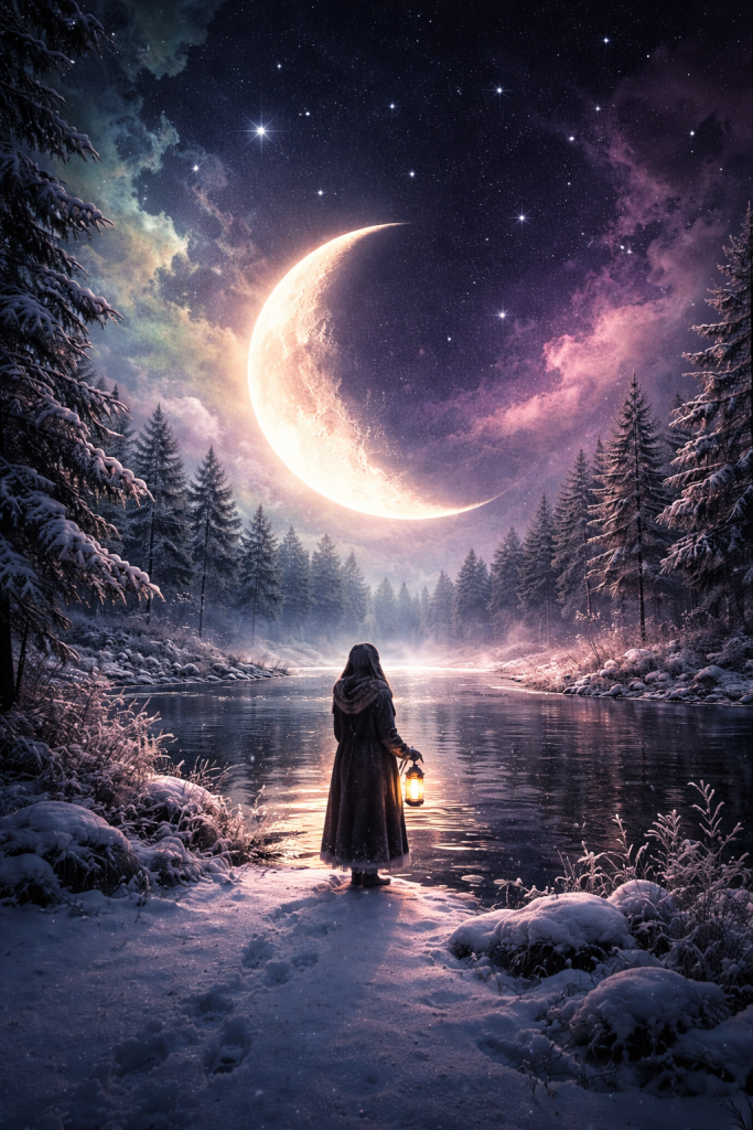 Mondkalender Januar 2026: Frau in winterlicher Schneelandschaft mit Laterne unter abnehmendem Mond – wahre siderische Astrologie, emotionale Integration