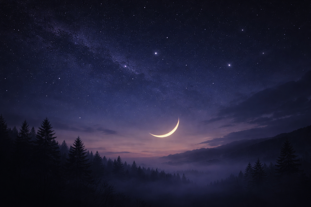 Erste sichtbare Mondsichel nach dem Neumond im Januar 2026 über einem nächtlichen Landschaftshorizont – Symbol für Neubeginn nach der Tempelphase im Schützen in der wahren siderischen Astrologie.