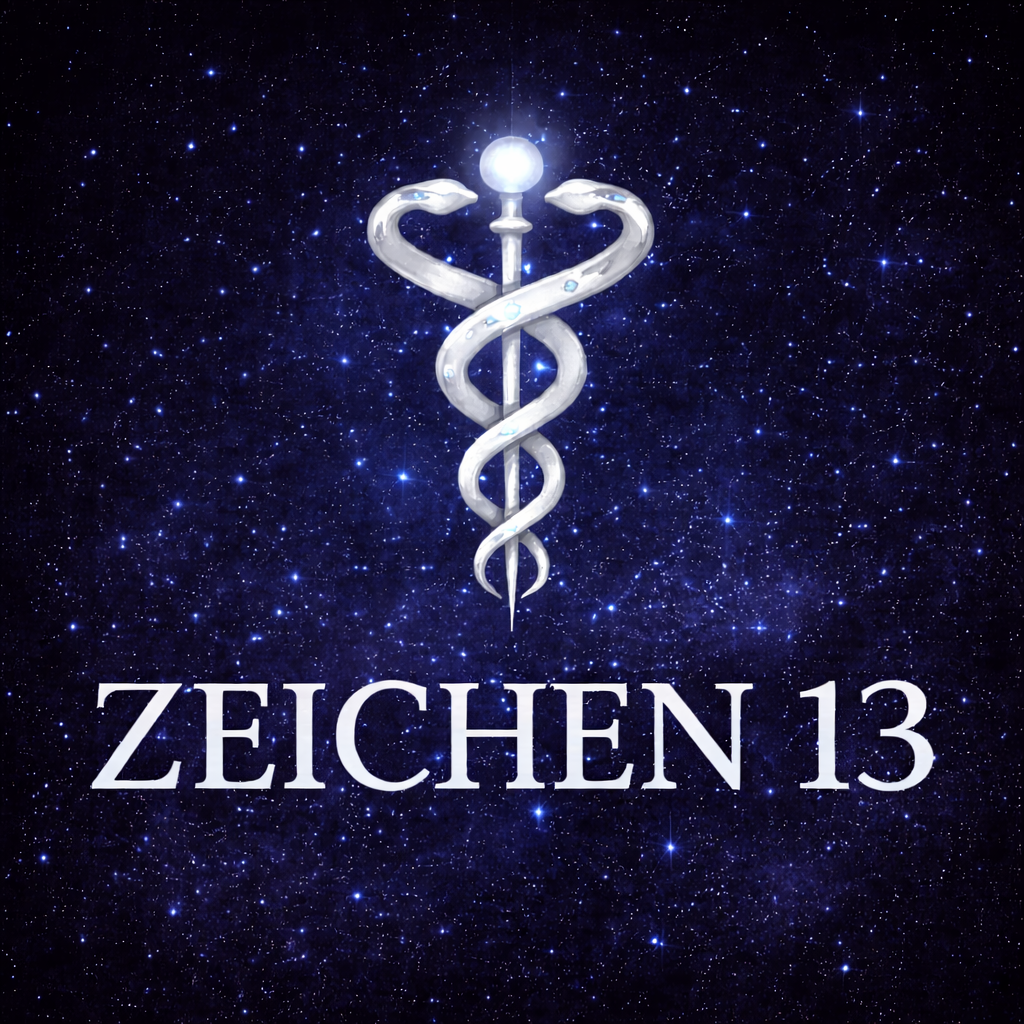 Zentrales Logo von Zeichen 13 mit dem Stab des Äsklepios, umwunden von zwei Schlangen, vor tiefblauem Sternenhimmel. Symbol für Heilung, Erkenntnis und wahre siderische Astrologie.