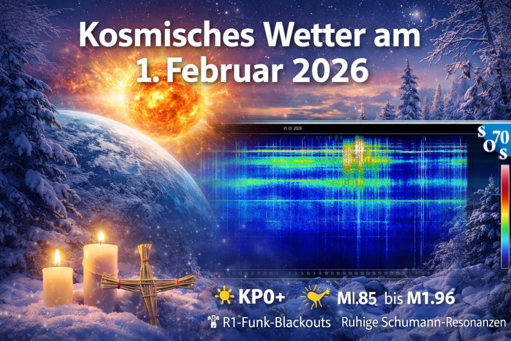 Winterliches Imbolc-Motiv mit Kerzen, Brigid-Kreuz, Erde und Sonne sowie Schumann-Resonanz-Spektrogramm. Kosmisches Wetter am 1. Februar 2026 mit KP0+, M-Flares und stabiler Erdenergie.