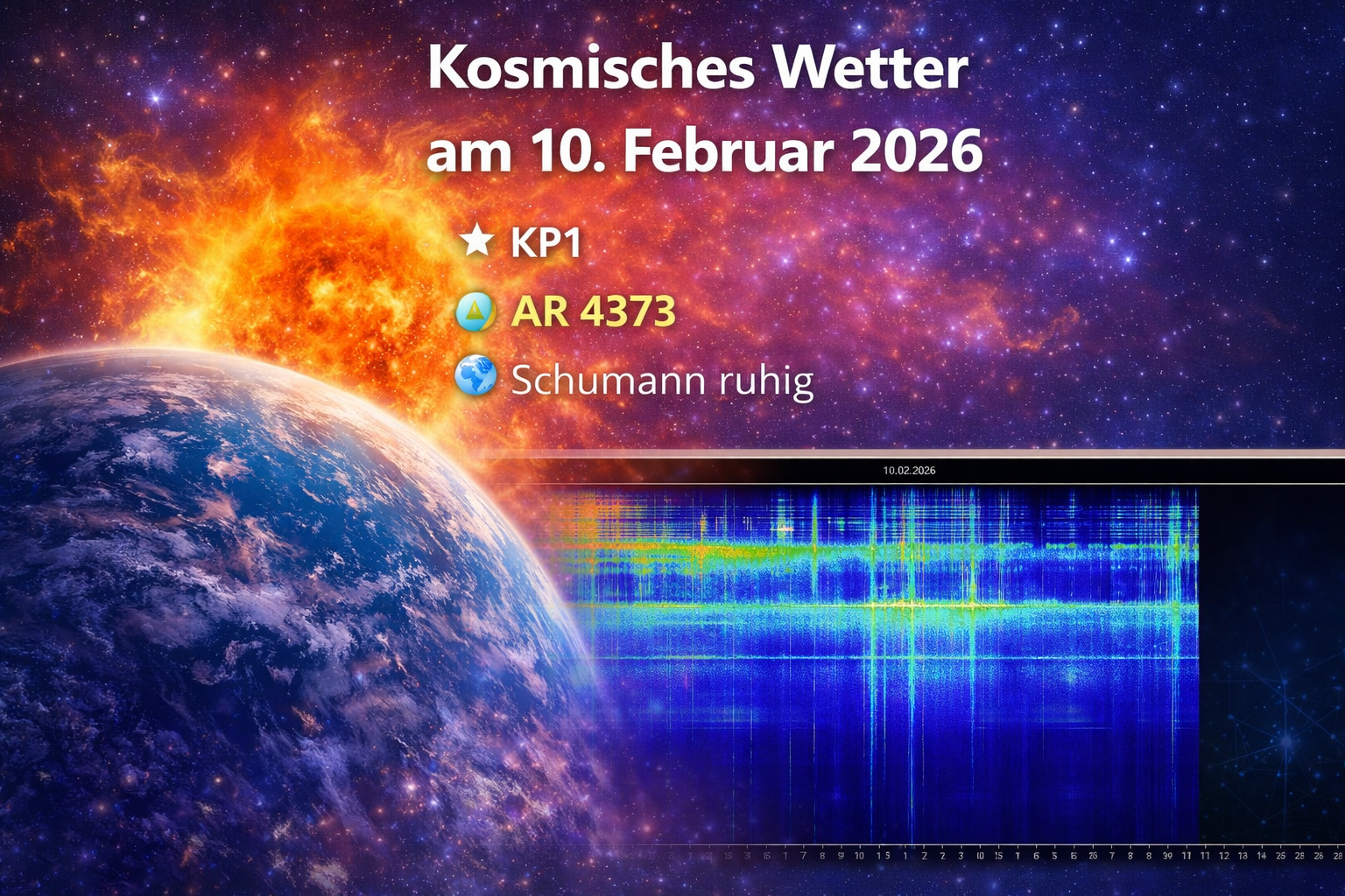 Kosmische Darstellung mit Blick auf die Erde, eine ruhige Sonne und ein Schumann-Resonanz-Spektrogramm. Das Bild zeigt eine stabile Phase des kosmischen Wetters mit geringer Sonnenaktivität und ruhiger geomagnetischer Lage am 10. Februar 2026.