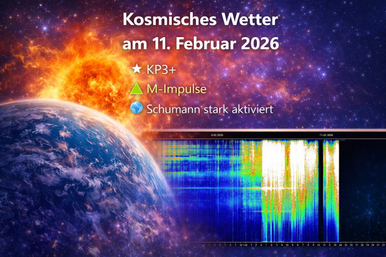 Darstellung des kosmischen Wetters am 11. Februar 2026 mit Blick auf die Erde im Weltraum, einer moderat aktiven Sonne und visualisierten Energieimpulsen. Das Bild symbolisiert geomagnetische Aktivität bei KP3+ sowie verstärkte Schumann-Resonanzen nach nächtlichen M-Flares.