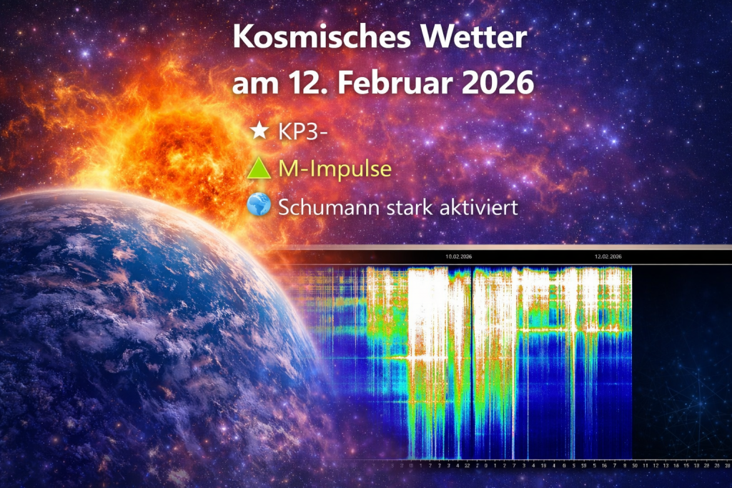 Darstellung der Erde im Weltraum mit einer aktiven Sonne im Hintergrund. Eingeblendet sind die Werte KP3-, M-Impulse sowie ein Schumann-Resonanz-Spektrogramm vom 10. bis 12. Februar 2026 mit stark erhöhten Amplituden.