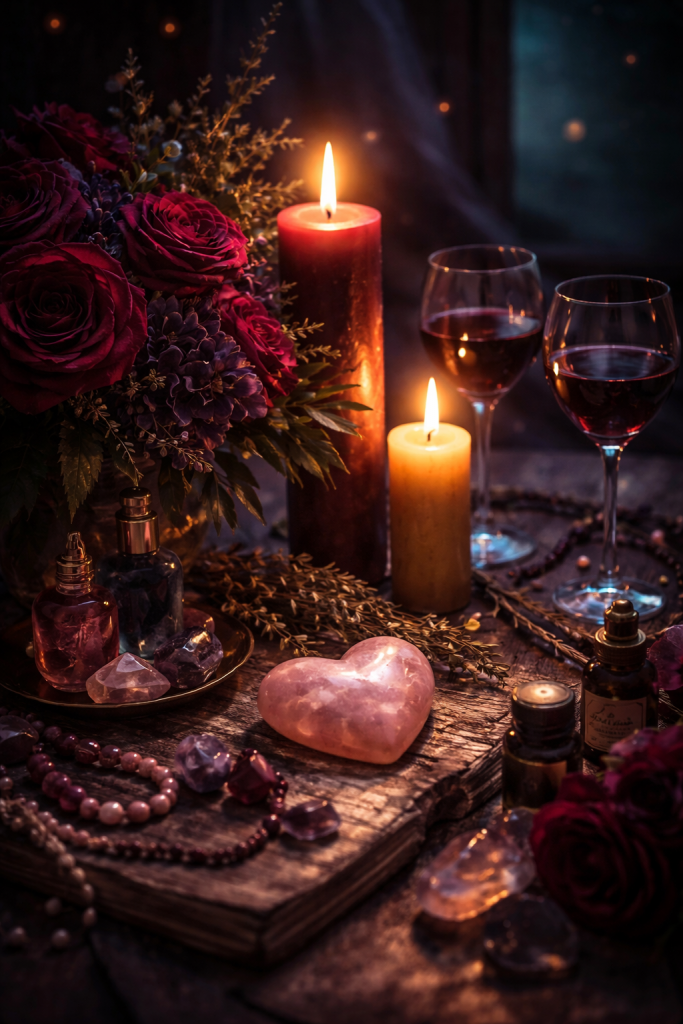 Mondkalender Beitragsbild zeigt: Stimmungsvolle Szene mit burgunderfarbenen Rosen, brennenden Kerzen, Rosenquarz-Herz und dunklen Edelsteinen auf einem rustikalen Holztisch im warmen Abendlicht – ruhige, tiefgründige Valentinstagsatmosphäre.