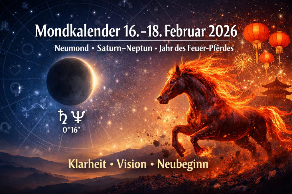 Neumond im Wassermann am 17. Februar 2026 mit Saturn-Neptun-Konjunktion (0°16’) und Symbol des Feuer-Pferdes vor nächtlichem Himmel – Darstellung von Neubeginn, Vision und Struktur im Mondkalender 16.–18.02.2026.