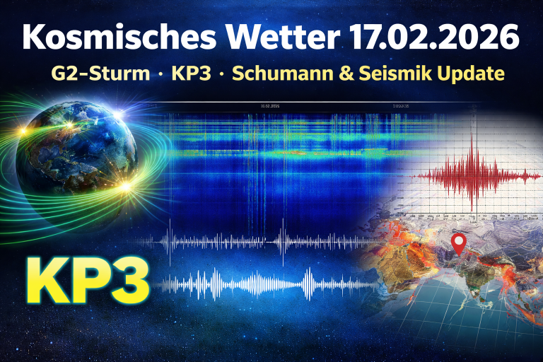 Beitragsbild zum Kosmischen Wetter vom 17.02.2026 mit Erde und Polarlichtern, Darstellung der Schumann-Resonanz als Spektrogramm sowie seismischer Aktivität; Hinweis auf KP3 nach vorherigem G2-geomagnetischen Sturm.