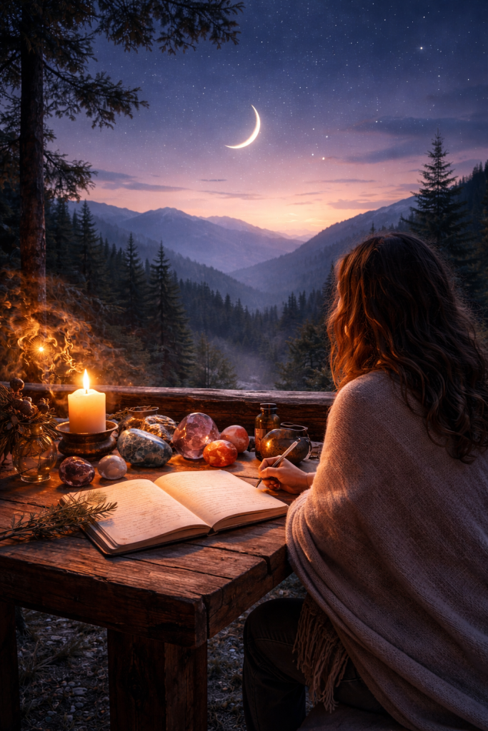 Feine zunehmende Mondsichel nach dem Neumond über einer Berglandschaft, Frau schreibt bei Kerzenlicht am Holztisch – Szene zum Mondkalender 19.–22. Februar 2026 nach wahrer siderischer Astrologie.