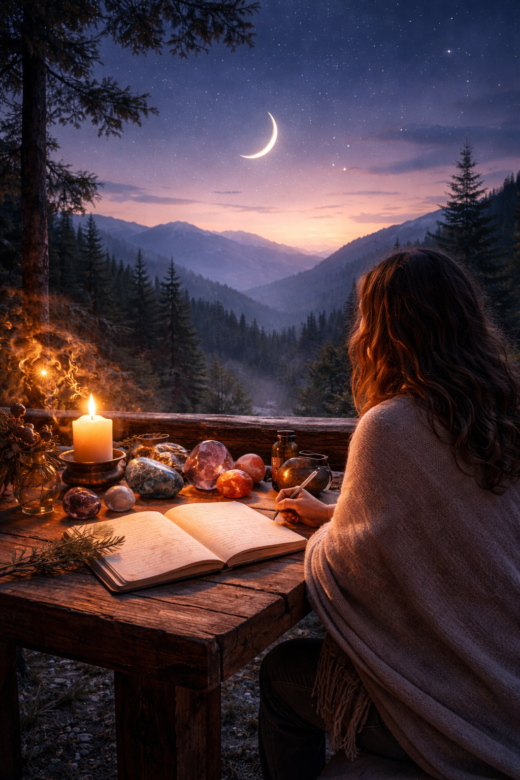 Feine zunehmende Mondsichel nach dem Neumond über einer Berglandschaft, Frau schreibt bei Kerzenlicht am Holztisch – Szene zum Mondkalender 19.–22. Februar 2026 nach wahrer siderischer Astrologie.