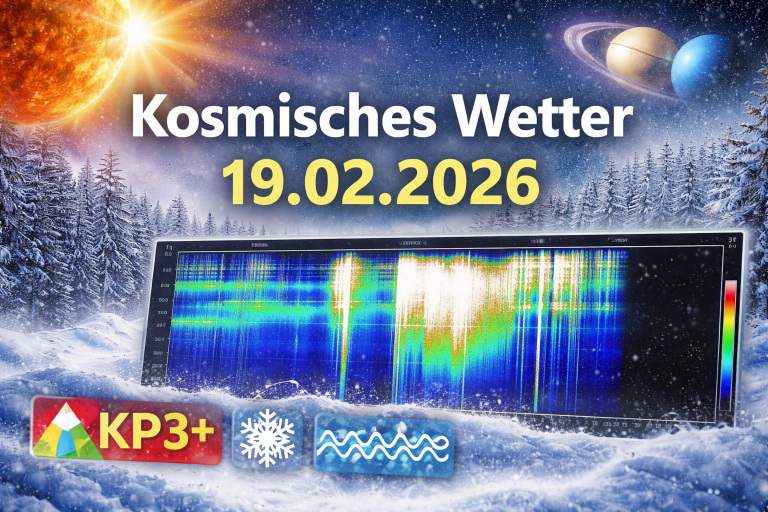Winterliche Landschaft mit starkem Schneefall unter Sternenhimmel, darüber leuchtende Sonne und eingeblendetes Schumann-Spektrogramm mit hohen Amplitudenspitzen zum kosmischen Wetter am 19.02.2026.
