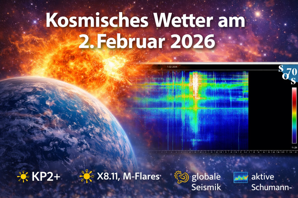 Kosmisches Wetter am 2. Februar 2026: X2.92-Flare, mehrere M-Flares, KP2+, aktive Schumann-Resonanzen und globale seismische Reaktionen.