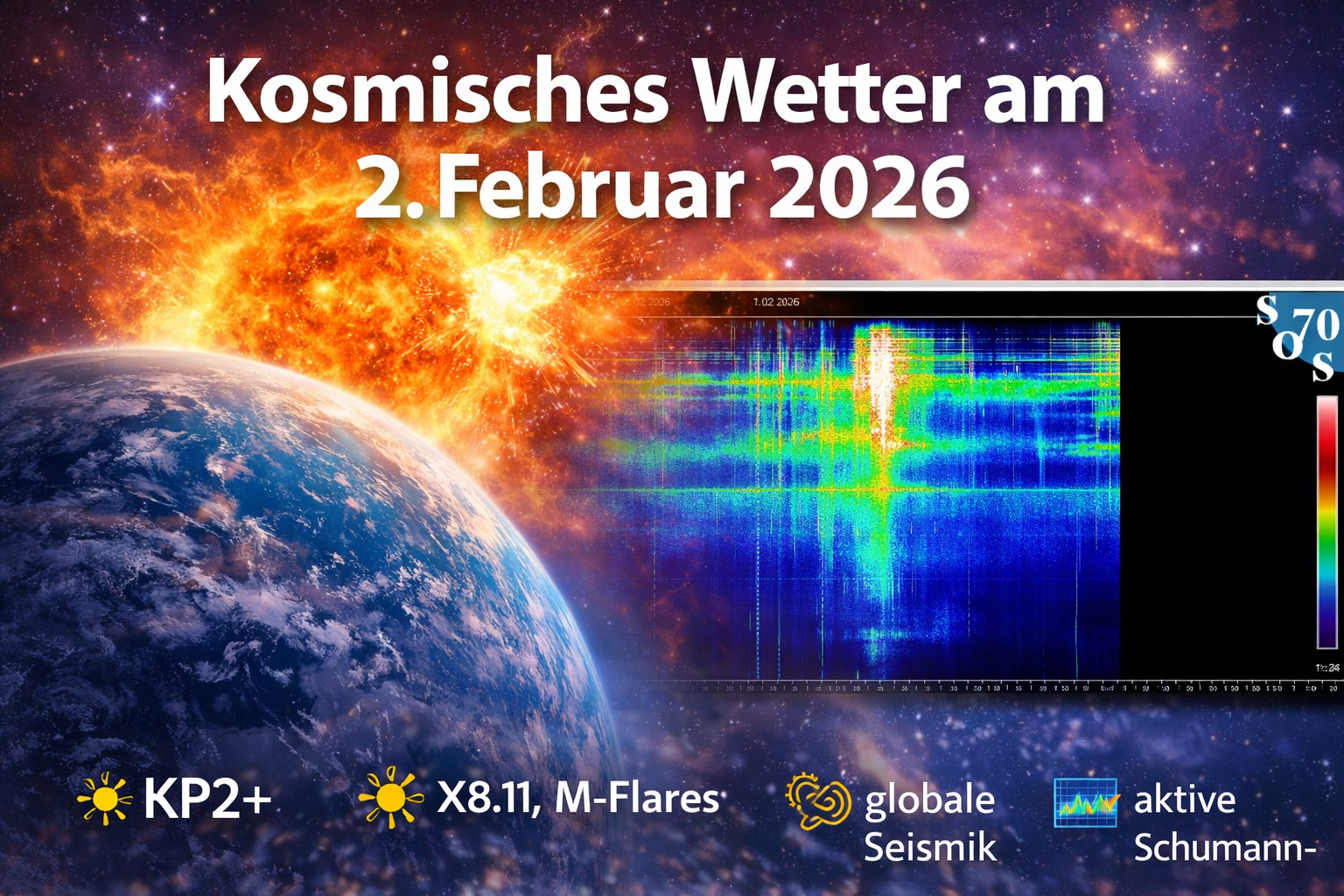 Kosmisches Wetter am 2. Februar 2026: X2.92-Flare, mehrere M-Flares, KP2+, aktive Schumann-Resonanzen und globale seismische Reaktionen.