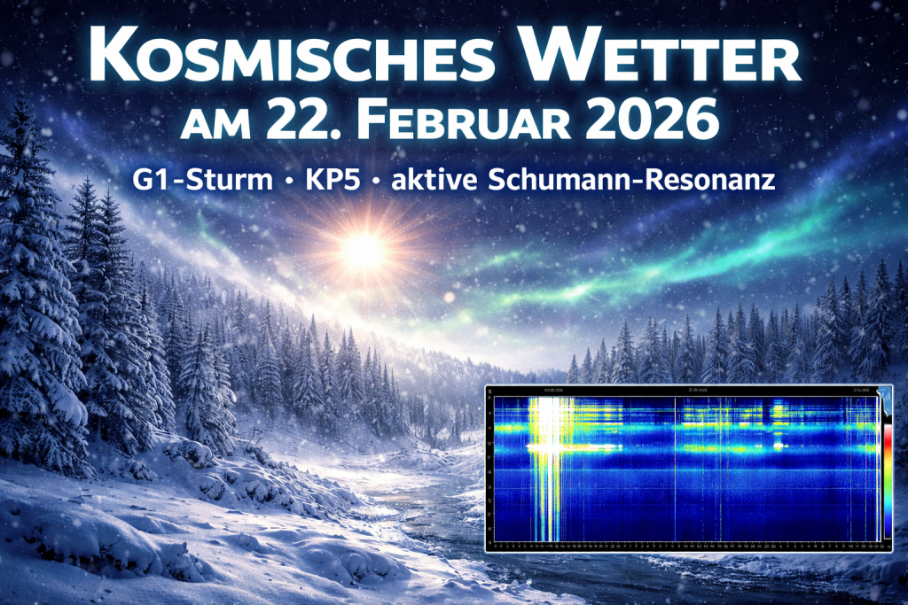 Winterliche Schneelandschaft mit Polarlichtern am Himmel und eingeblendetem Schumann-Spektrogramm zum kosmischen Wetter am 22.02.2026 während eines G1-Geomagnetsturms bei KP5.