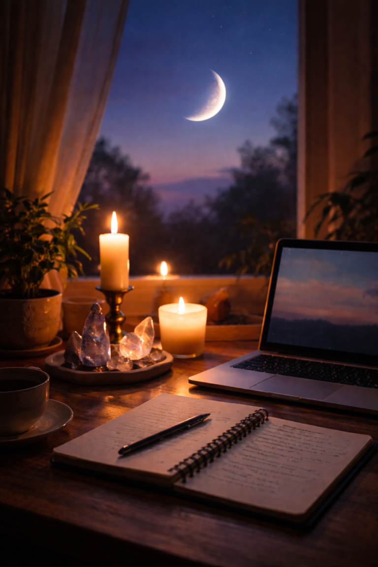 Zunehmender Halbmond am Abendhimmel über einem warm beleuchteten Schreibtisch mit Kerzen, Notizbuch, Laptop und Kristallen – stimmungsvolle Szene zum Mondkalender Ende Februar 2026.