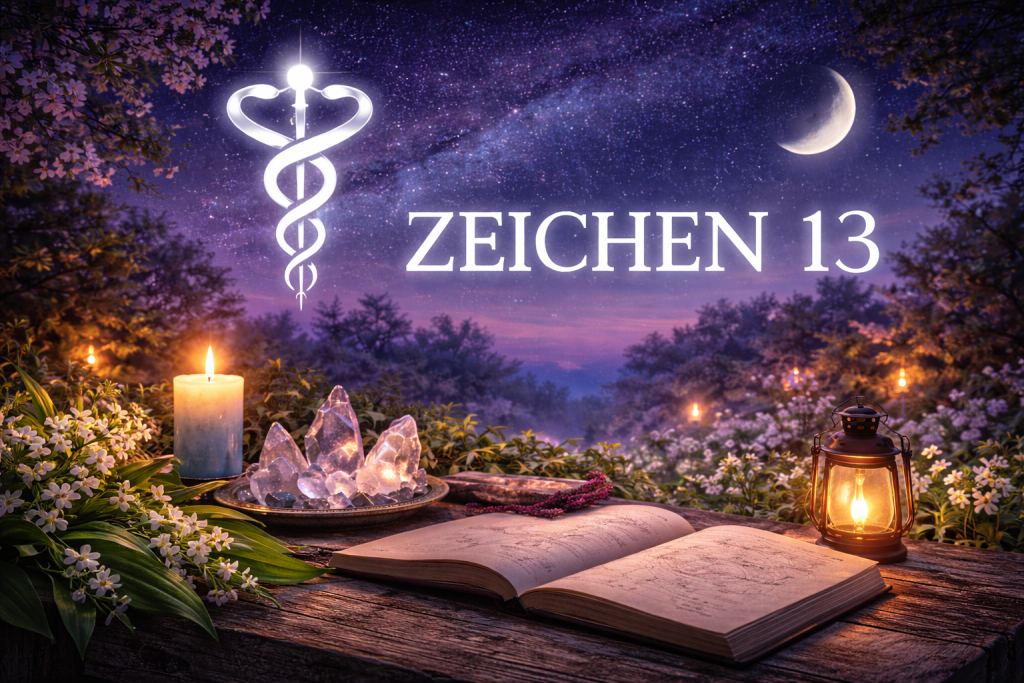 Frühlingshafte Februar-Nacht mit klarem Sternenhimmel und zunehmendem Mond über einem astrologischen Tisch mit Kerzen, Kristallen und geöffnetem Buch – Startseitenbild von Zeichen 13.