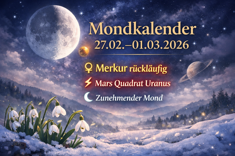 Zunehmender Mond am klaren Sternenhimmel über verschneiter Februarlandschaft, erste Maiglöckchen und Schneeglöckchen ragen aus dem Schnee – stimmungsvolles Bild zum Mondkalender 27.02.–01.03.2026.