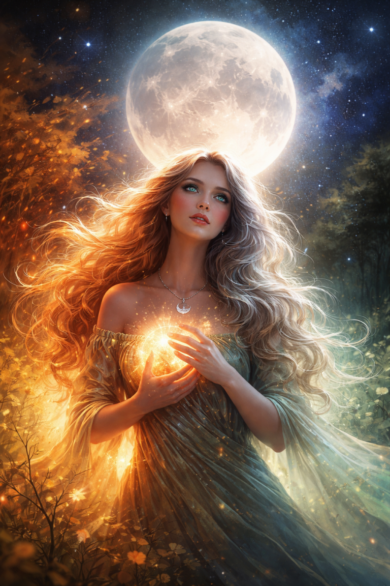 Mystische Frau im goldenen Licht unter einem strahlenden Vollmond, hält eine leuchtende Kugel vor dem Herzen – symbolisches Beitragsbild zum Mondkalender 1.–4. März 2026 mit Löwe-Vollmond und Jungfrau-Integration.