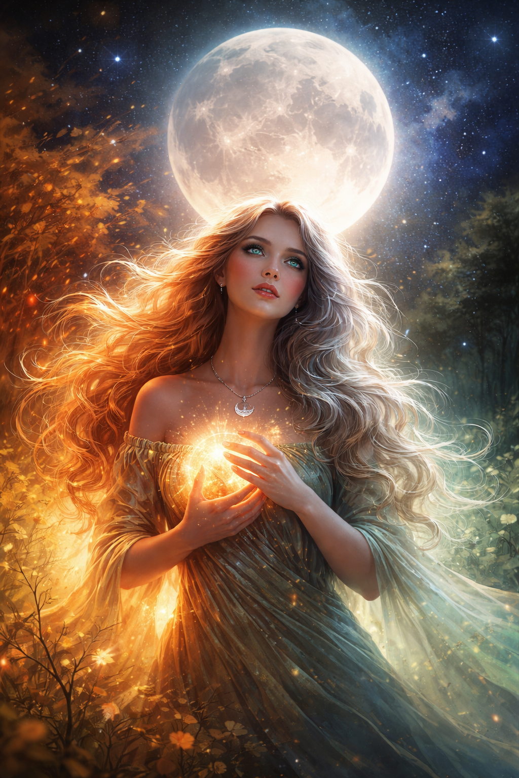 Mystische Frau im goldenen Licht unter einem strahlenden Vollmond, hält eine leuchtende Kugel vor dem Herzen – symbolisches Beitragsbild zum Mondkalender 1.–4. März 2026 mit Löwe-Vollmond und Jungfrau-Integration.