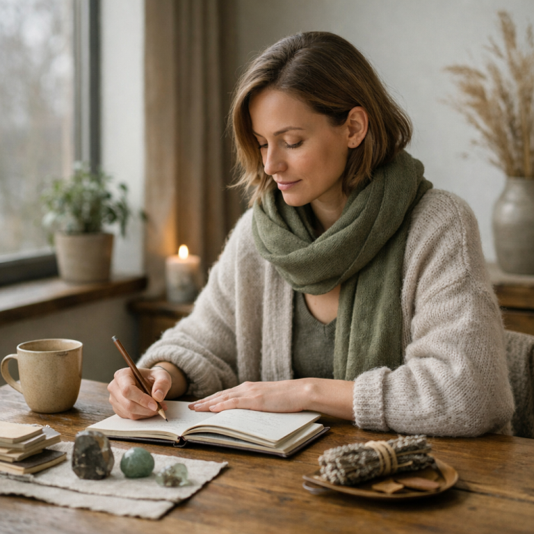Mondkalender Februar 2026: ruhige Alltagsszene mit einer erwachsenen Frau in winterlichem Innenraum, erdige Jungfrau-Farben wie Beige und Salbeigrün – Sinnbild für Integration, Ordnung und innere Klärung.