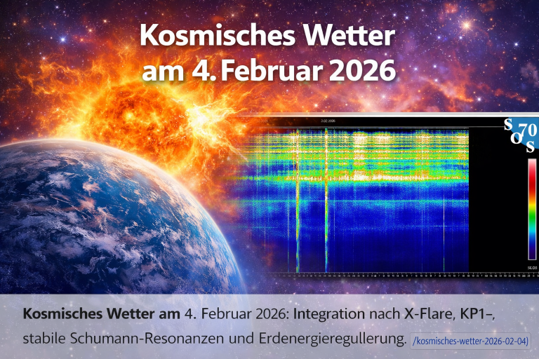 Darstellung des kosmischen Wetters am 4. Februar 2026 mit Erde, aktiver Sonne und Schumann-Resonanz-Spektrogramm. Nachwirkung eines X-Flares, KP1− und stabile Erd-Ionosphären-Integration.