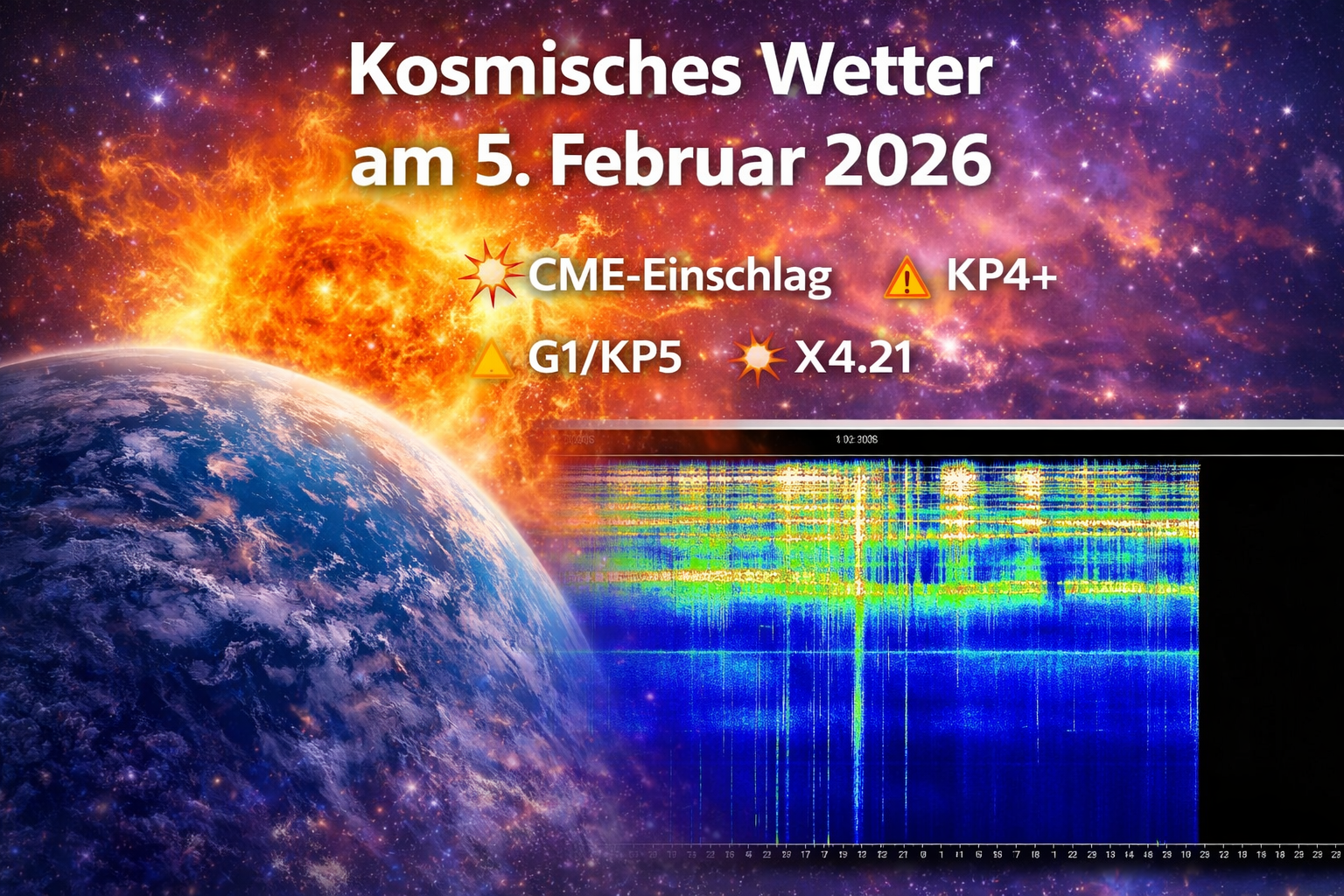 Illustration des kosmischen Wetters mit Erde im Vordergrund, eruptiver Sonne und grafischer Darstellung der Schumann-Resonanzen. Sichtbar sind erhöhte solare Aktivität und magnetische Kopplungsprozesse der Erde.