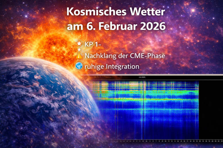 Illustration des kosmischen Wetters mit Erde im Vordergrund, aktiver Sonne im Hintergrund und einem Schumann-Resonanz-Spektrogramm. Die Darstellung steht für eine ruhige Integrationsphase nach erhöhter Sonnenaktivität bei KP 1−.