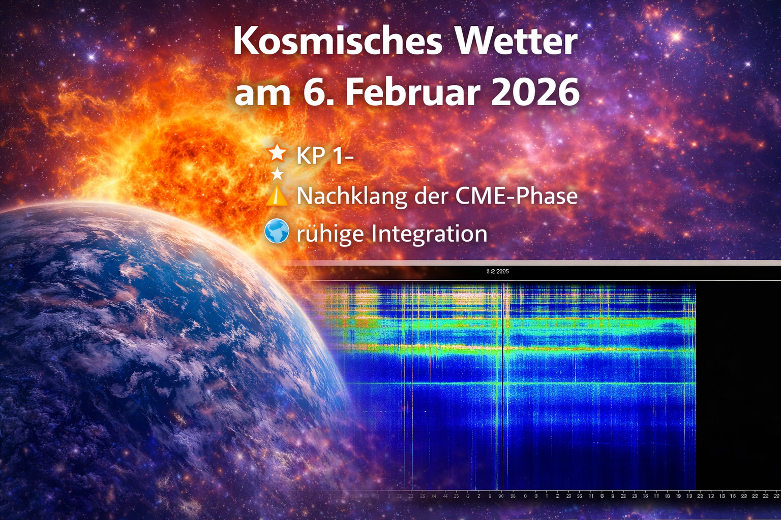 Illustration des kosmischen Wetters mit Erde im Vordergrund, aktiver Sonne im Hintergrund und einem Schumann-Resonanz-Spektrogramm. Die Darstellung steht für eine ruhige Integrationsphase nach erhöhter Sonnenaktivität bei KP 1−.