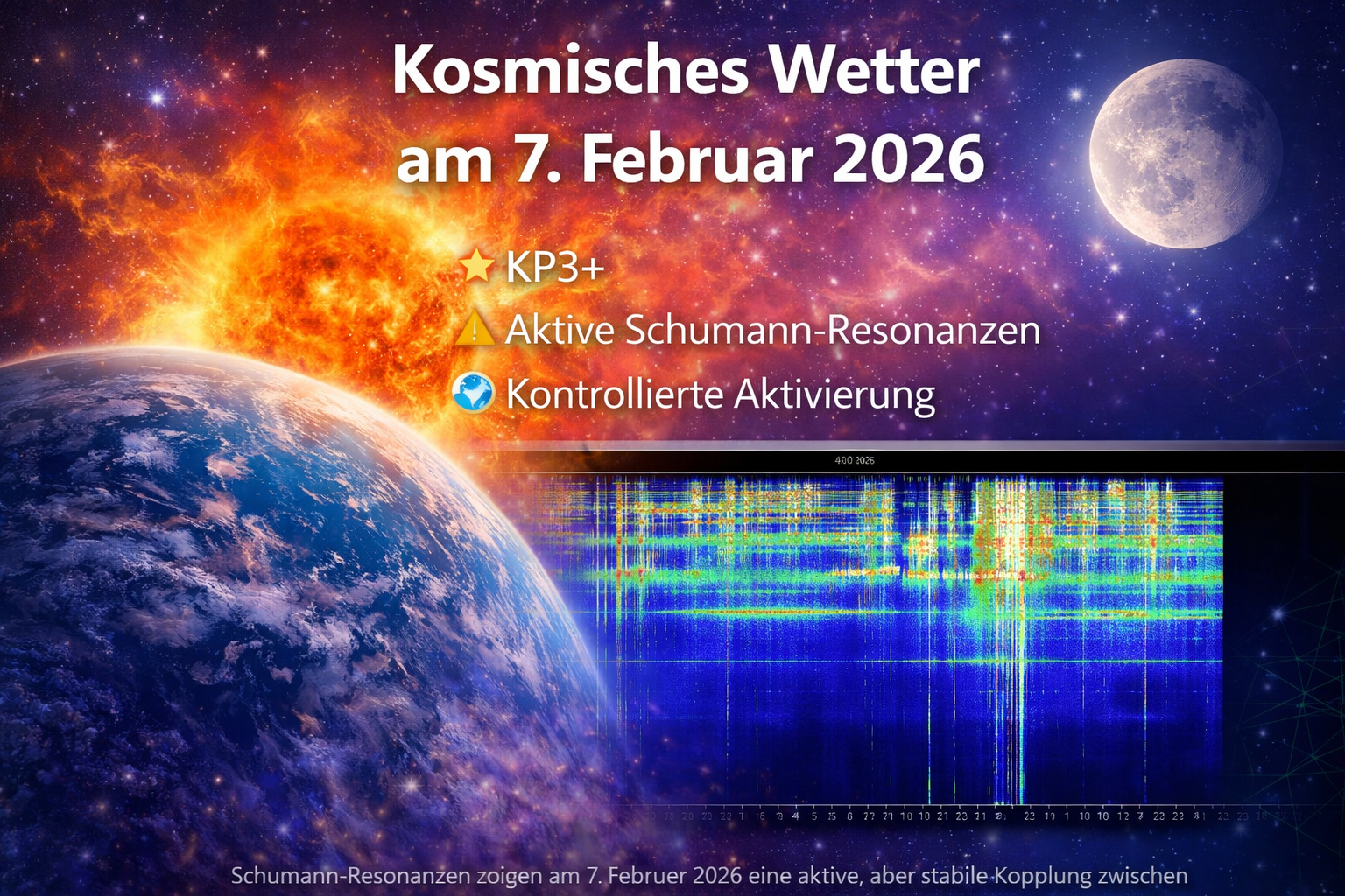 Kosmische Darstellung mit Erde, aktiver Sonne und Schumann-Resonanz-Spektrogramm. Das Bild zeigt eine Phase moderater geomagnetischer Aktivität mit aktivierten, aber stabilen Resonanzmustern der Erde am 7. Februar 2026.