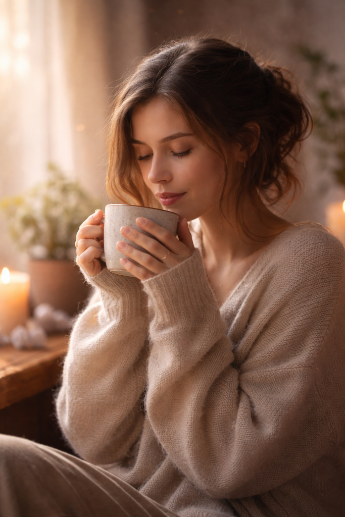 Mondkalender Februar 2026: Frau sitzt ruhig am Fenster und trinkt eine warme Tasse Tee in erdigen Farben – Sinnbild für Erdung, Integration und bewusste Ruhe während des abnehmenden Mondes.