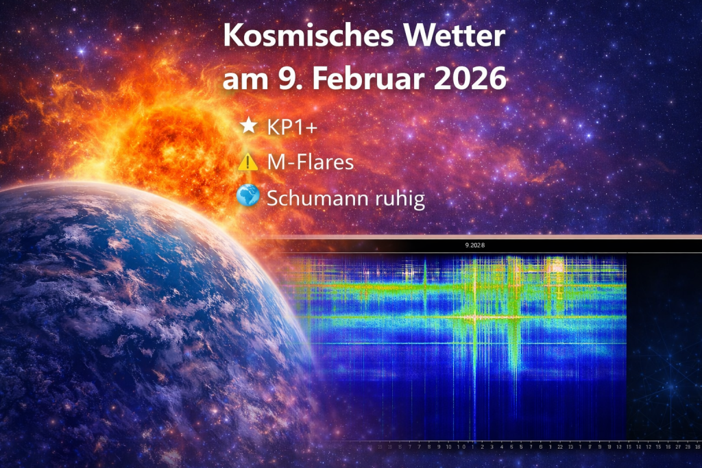 Kosmischen Wetters am 9. Februar 2026 mit Blick auf die Erde, eine aktive Sonne und ein eingeblendetes Schumann-Resonanz-Spektrogramm. Die Darstellung symbolisiert ruhige geomagnetische Bedingungen bei moderater Sonnenaktivität.