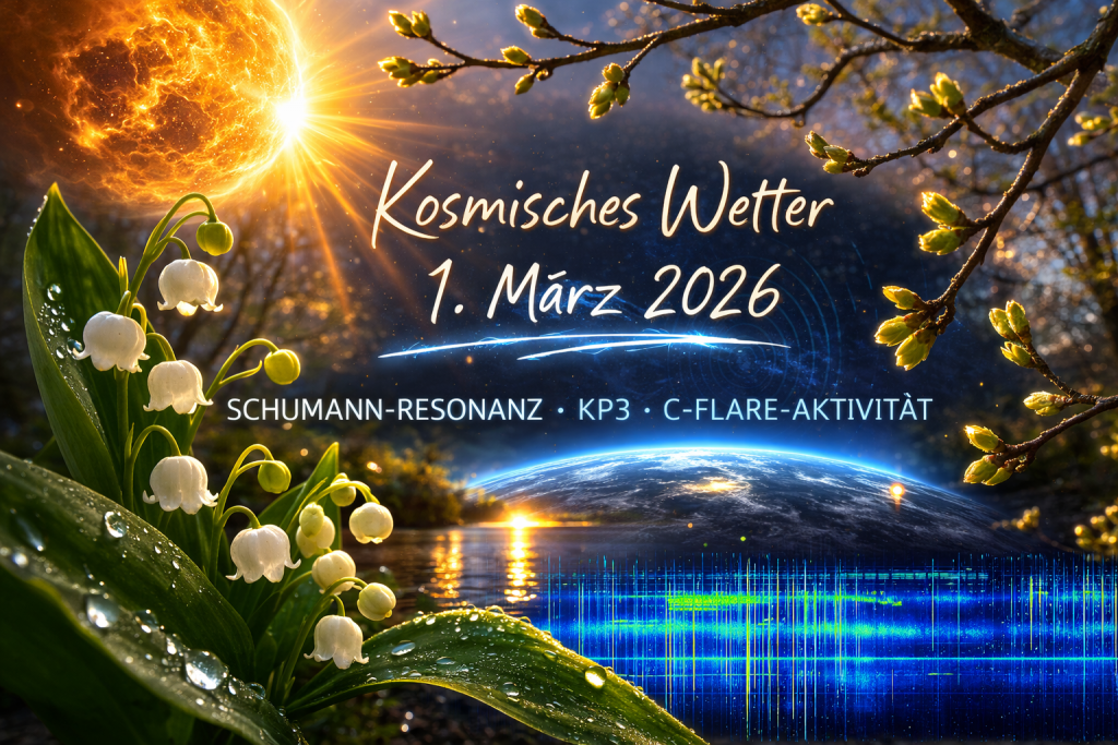 Sonnenaufgang mit leuchtender Sonne über der Erde, Maiglöckchen im Vordergrund und knospenden Frühlingszweigen, kombiniert mit einer visualisierten Schumann-Resonanz und kosmischer Energie am 1. März 2026.