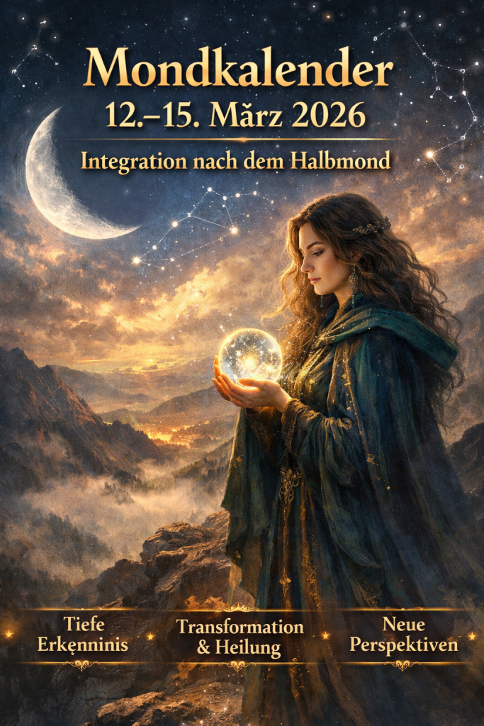 Mondkalender Beitragsbild Mystische Darstellung der Mondphase nach dem Halbmond im März 2026. Eine nordische Hüterfigur steht unter dem abnehmenden Mond und symbolisiert Integration, Klarheit und neue Perspektiven im aktuellen Mondzyklus.